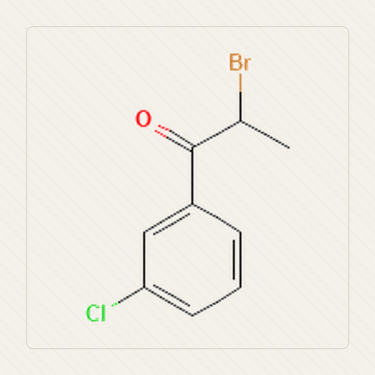 2-bromi-3-klooripropiofenoni, molekyylirakenteen opetuskuva